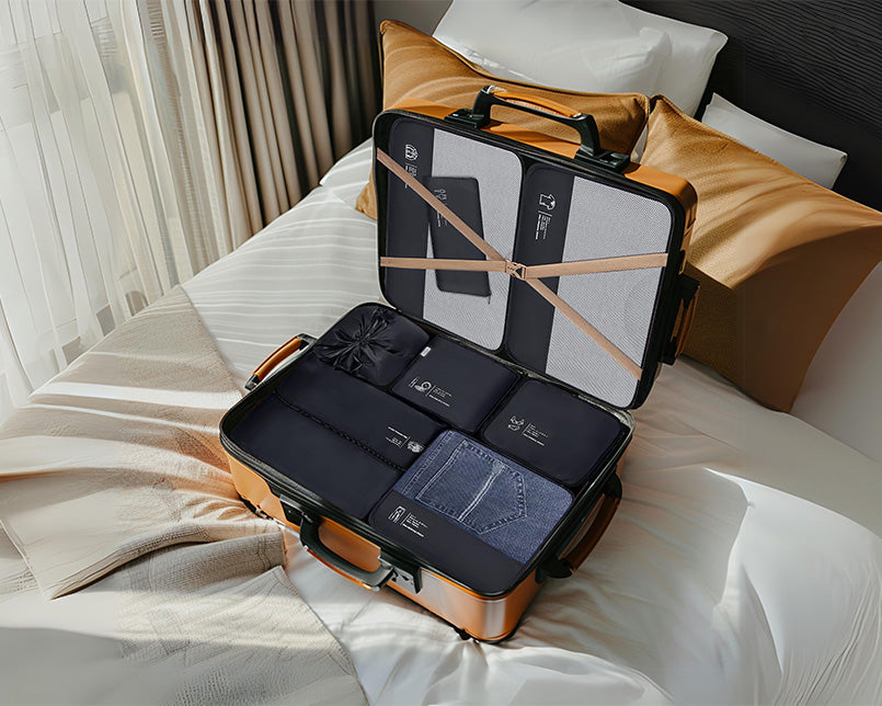 Open suitcase on a bed, organized with Garzini packing cubes