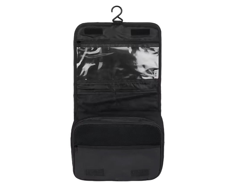 Black hanging toiletry bag with multiple compartments