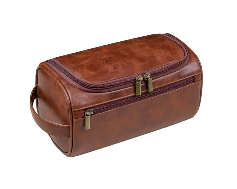 Brown vegan leather Garzini Toiletry Bag, front side view, ideal for men's and women's travel toiletry storage.