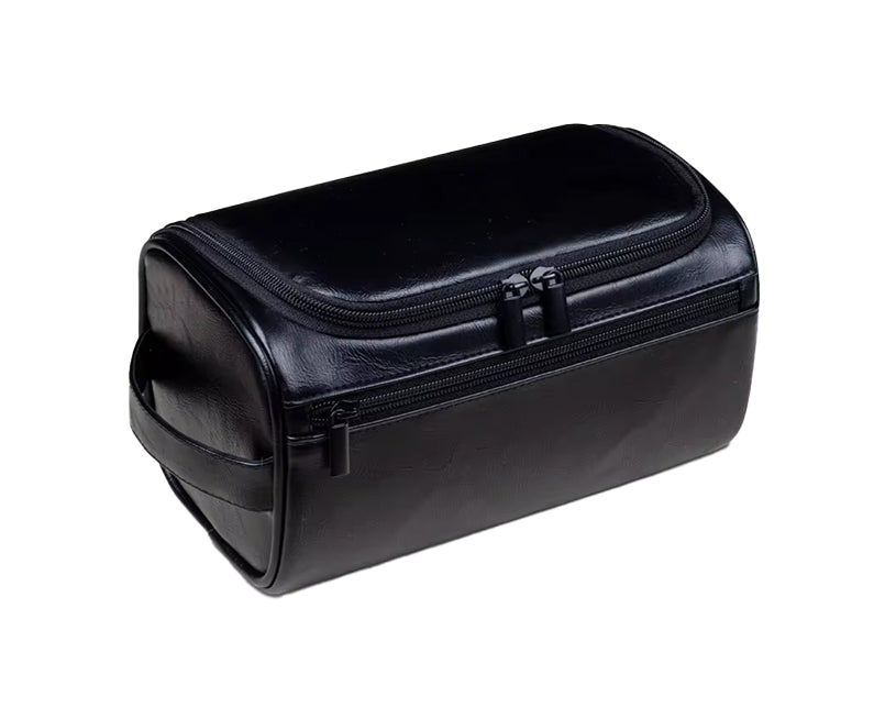 Black vegan leather Garzini Toiletry Bag, front side view for men's and women's travel.