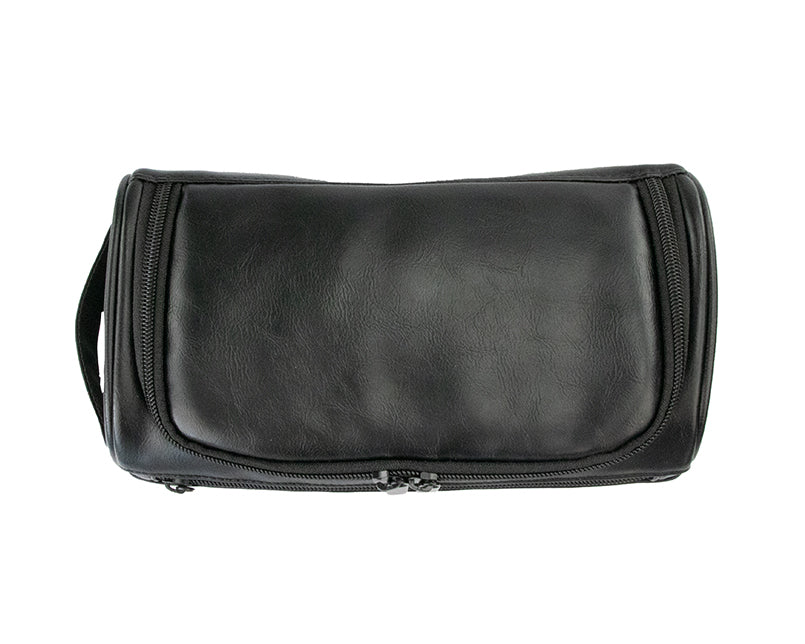 Overhead view of Black Garzini Toiletry Bag, showcasing spacious compartments and waterproof material.
