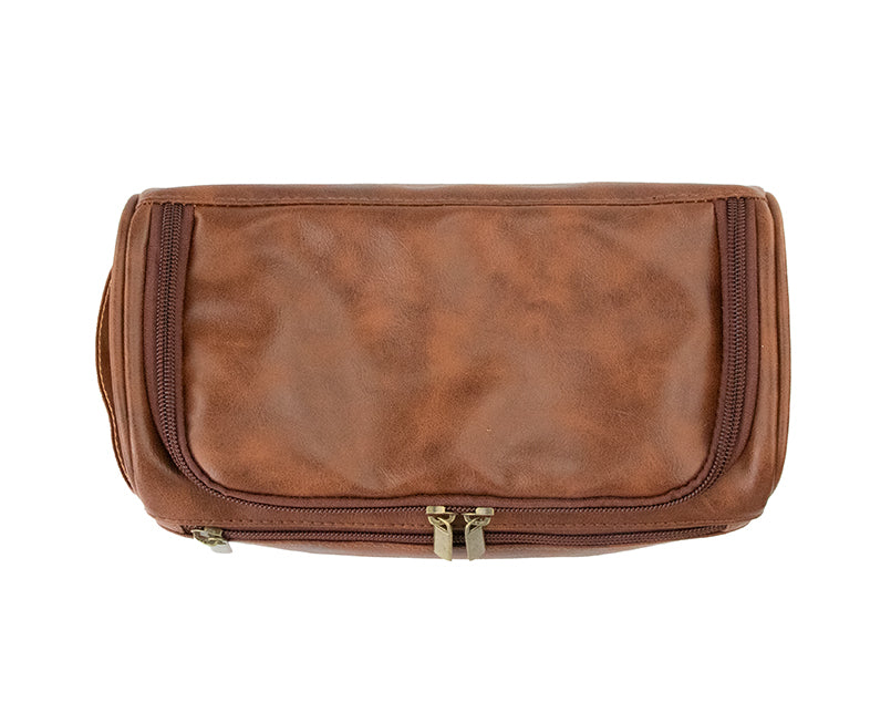 Overhead view of Brown Garzini Toiletry Bag, featuring spacious interior and waterproof lining for travel ease.