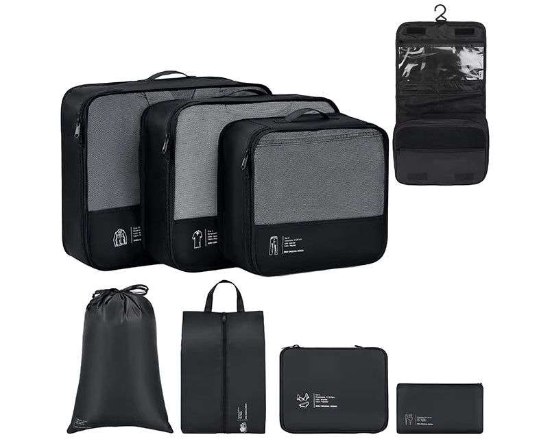 Garzini Packing Cubes extra large, large, medium, small, shoe bag, cable bag, laundry bag and toiletry bag with hangable hook open