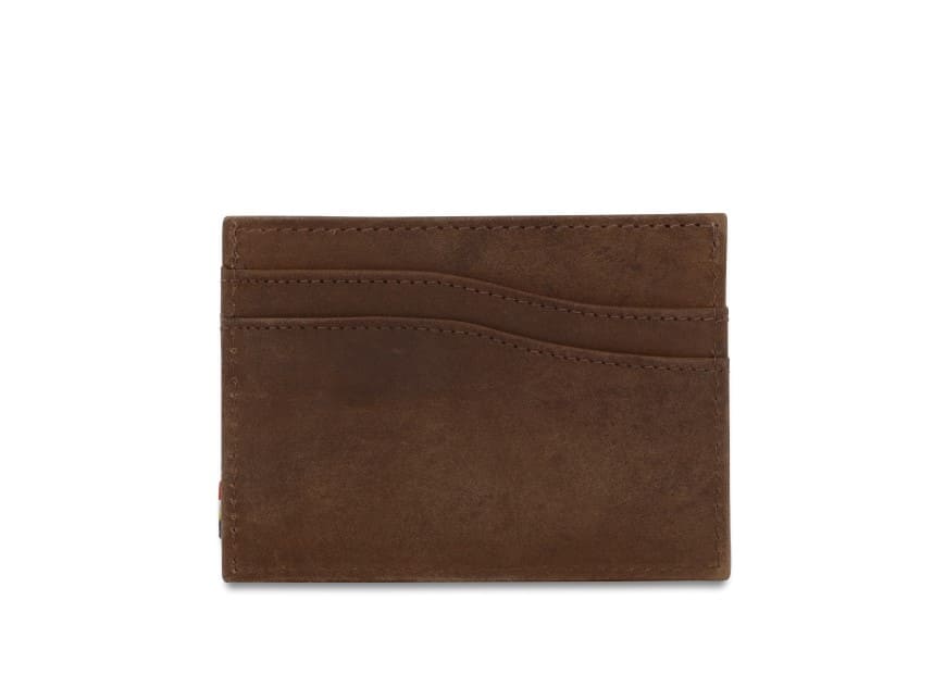 Front view of Leggera Card Holder Brushed in Brushed Brown with a pull tab.