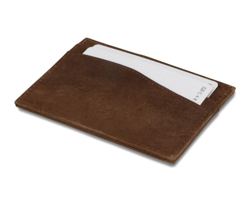 Back view of Leggera Card Holder Brushed in Brushed Brown with cards inside.