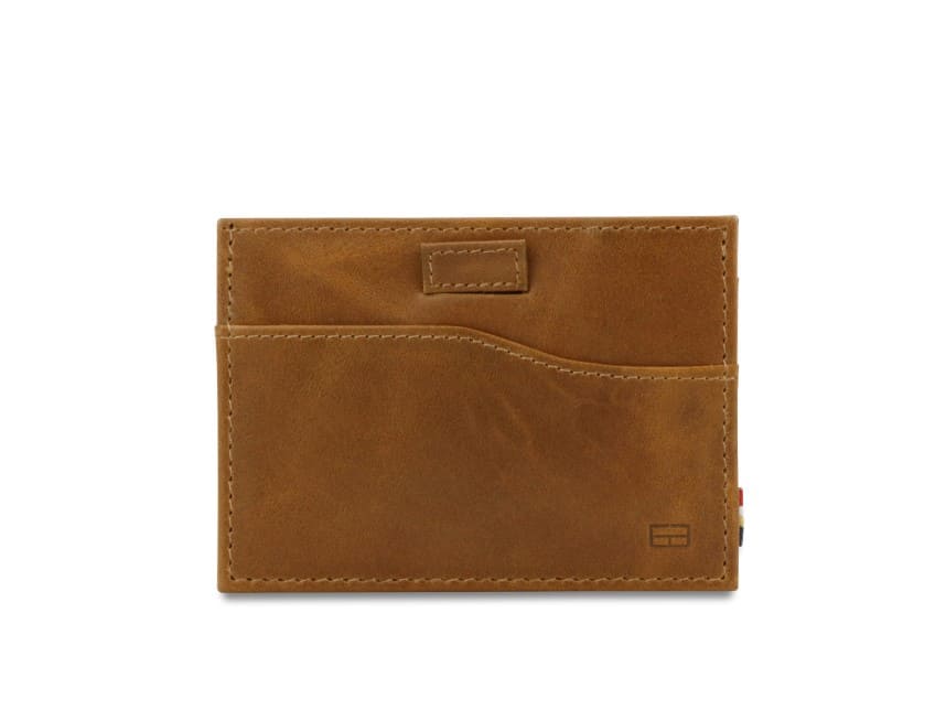 Front view of Leggera Card Holder Brushed in Brushed Cognac with a pull tab.