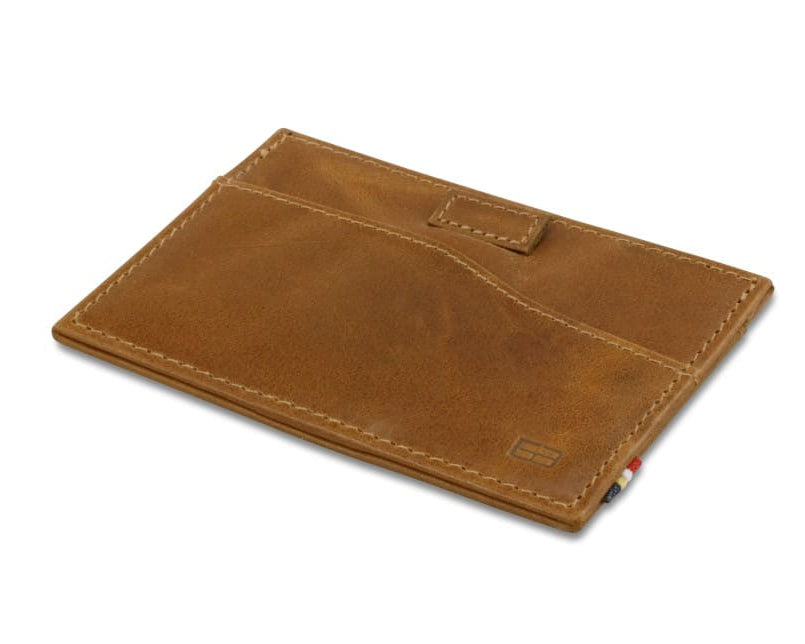 Back view of Leggera Card Holder Brushed in Brushed Cognac with a pull tab.