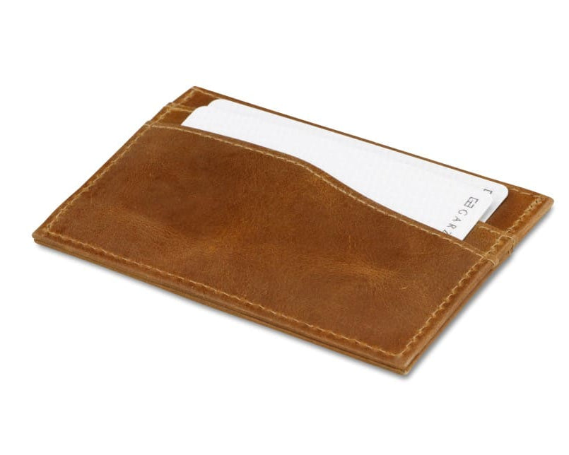 Back view of Leggera Card Holder Brushed in Brushed Cognac with cards inside.