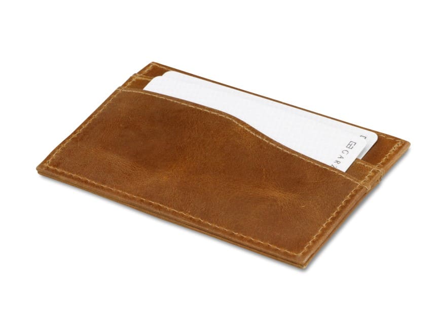 Back view of Leggera Card Holder Brushed in Brushed Cognac with cards inside.