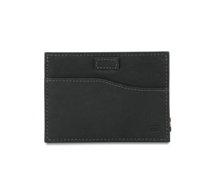 Front view of Leggera Card Holder Vintage in Carbon Black with a pull tab.