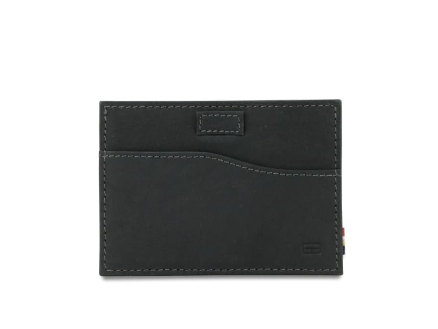 Front view of Leggera Card Holder Vintage in Carbon Black with a pull tab.