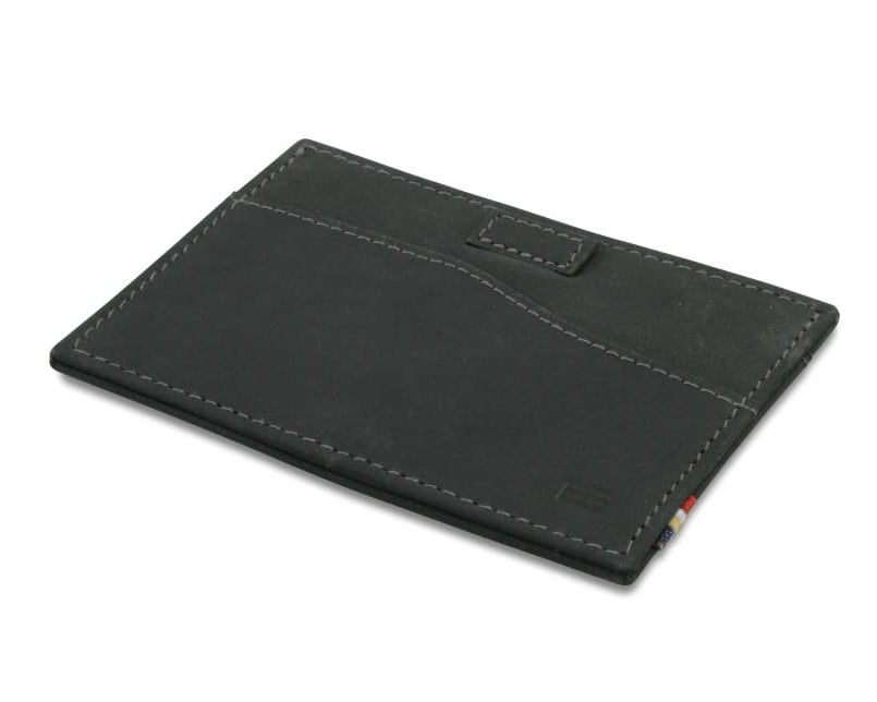 Back view of Leggera Card Holder Vintage in Carbon Black with a pull tab.