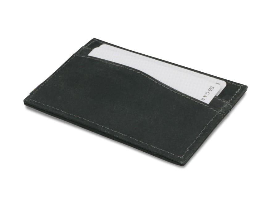 Back view of Leggera Card Holder Vintage in Carbon Black with cards inside.
