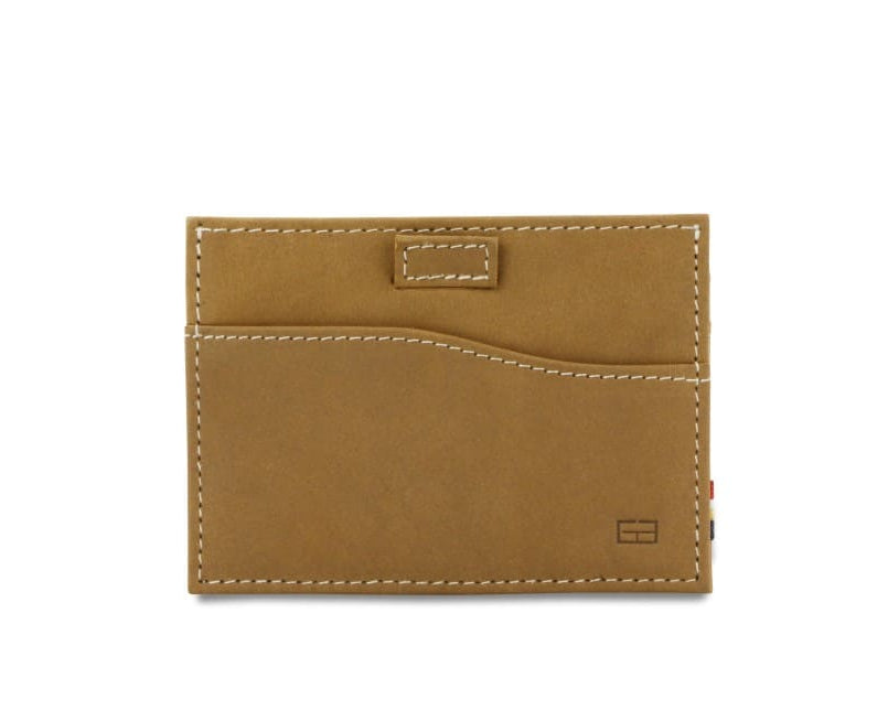 Front view of Leggera Card Holder Vintage in Camel Brown with a pull tab.
