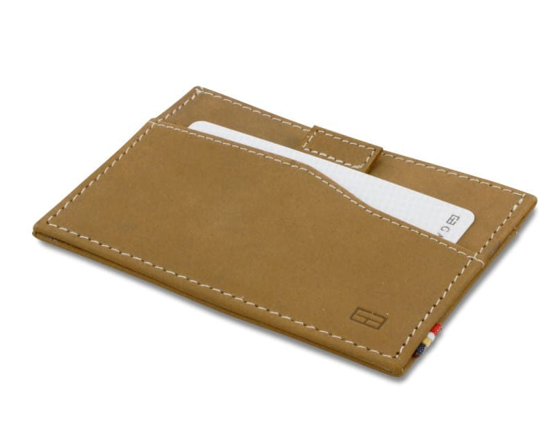 Front view of Leggera Card Holder Vintage in Camel Brown with a pull tab with money.
