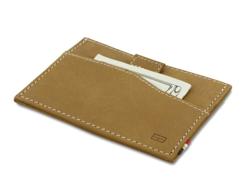 Front view of Leggera Card Holder Vintage in Camel Brown with a pull tab with a card.