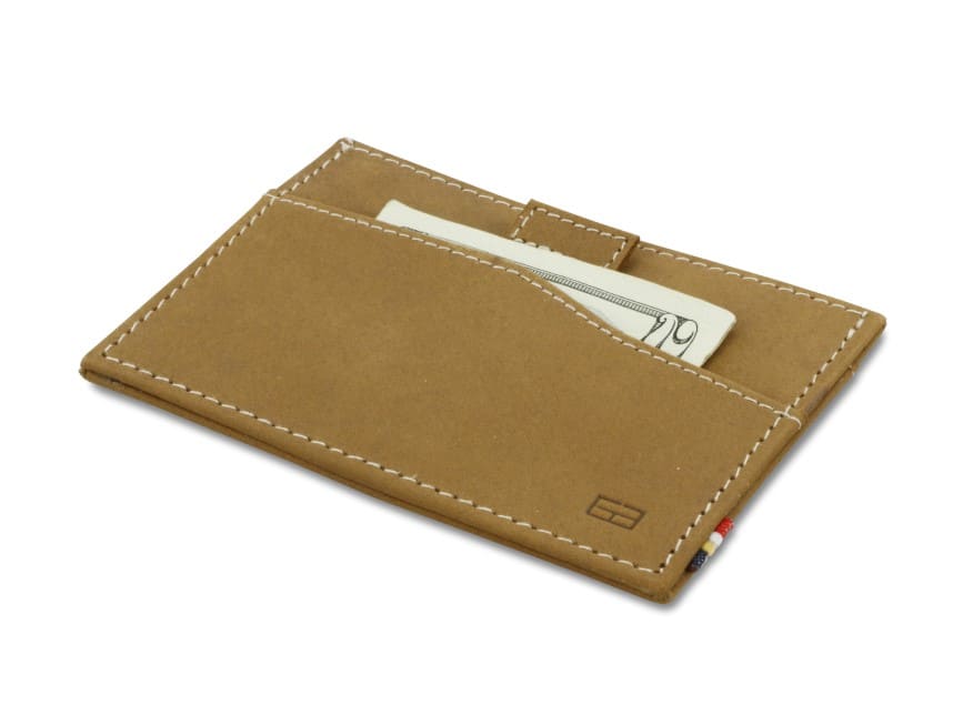 Front view of Leggera Card Holder Vintage in Camel Brown with a pull tab with a card.