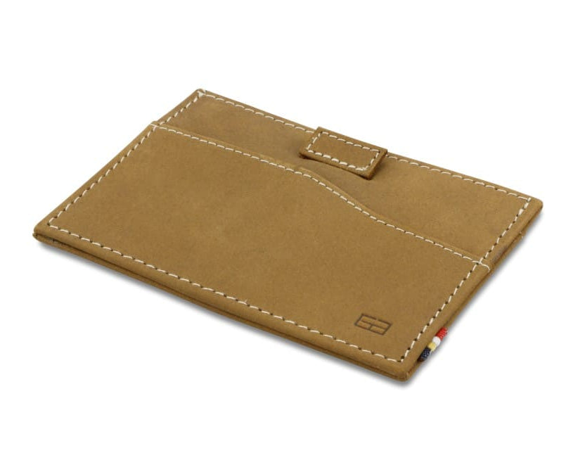Back view of Leggera Card Holder Vintage in Camel Brown with a pull tab.