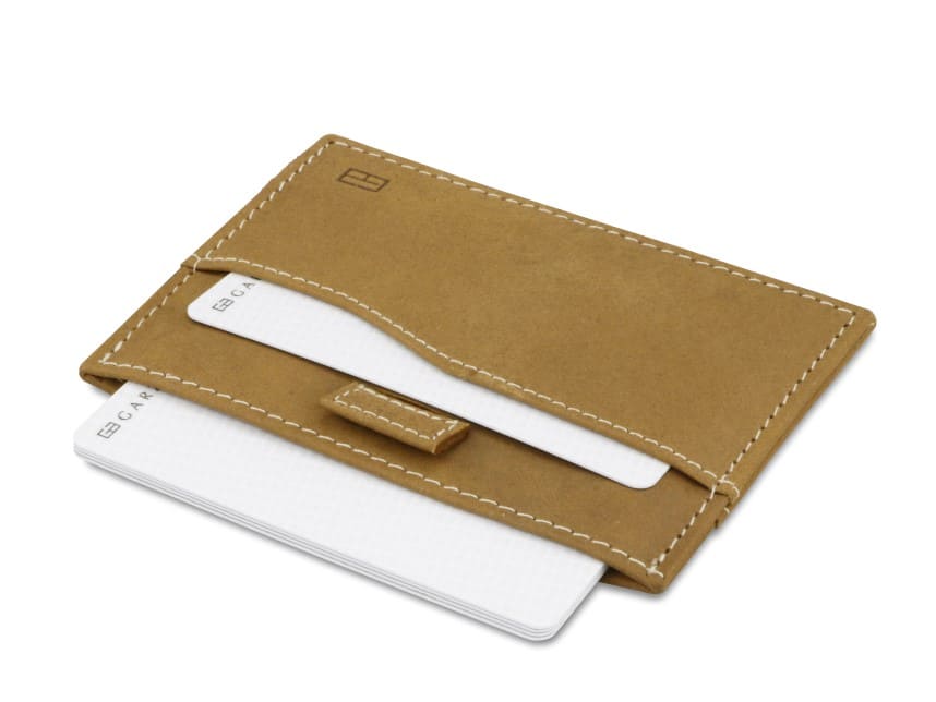 Open Leggera Card Holder Vintage in Camel Brown with cards pulling out.