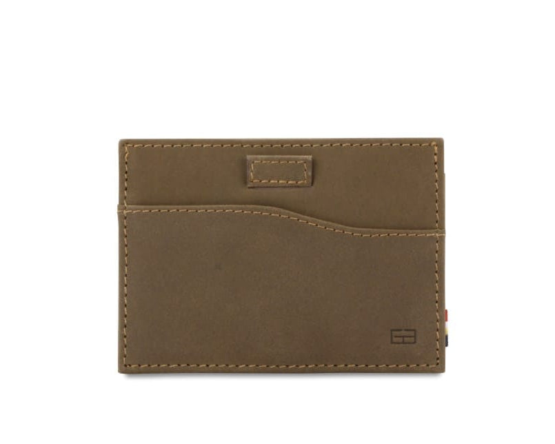 Front view of Leggera Card Holder Vintage in Java Brown with pull tab.