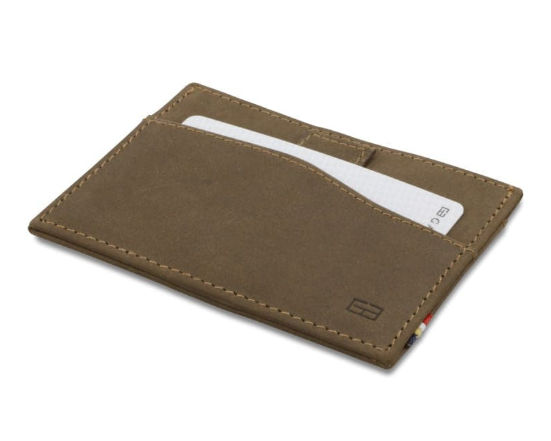 Front view of Leggera Card Holder Vintage in Java Brown with pull tab with card.
