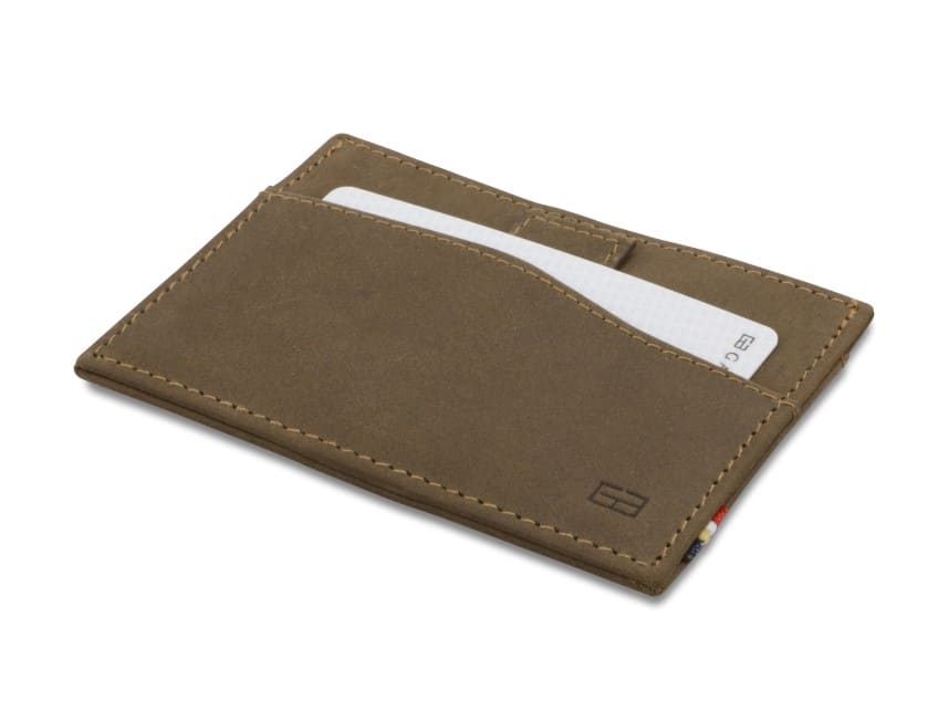 Front view of Leggera Card Holder Vintage in Java Brown with pull tab with card.