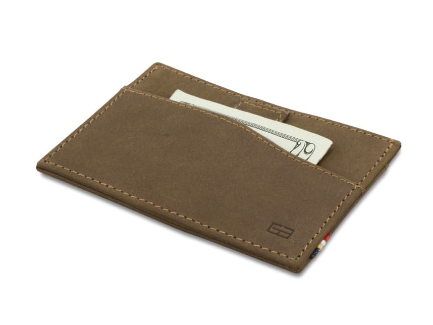 Front view of Leggera Card Holder Vintage in Java Brown with pull tab with money.
