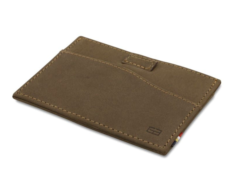 Back view of Leggera Card Holder Vintage in Java Brown with a pull tab