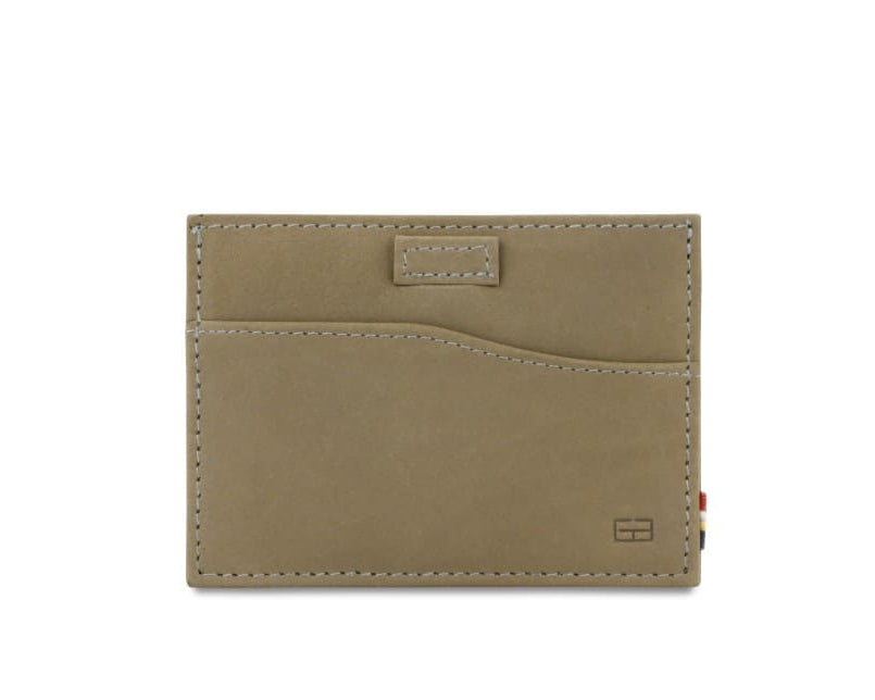 Front view of Leggera Card Holder Vintage in Metal Grey with a pull tab.