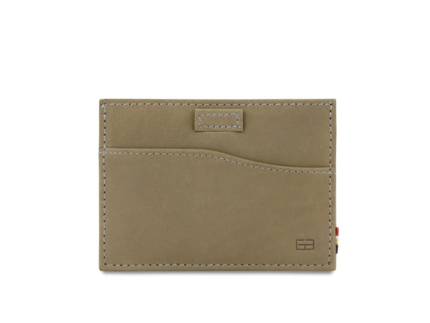 Front view of Leggera Card Holder Vintage in Metal Grey with a pull tab.