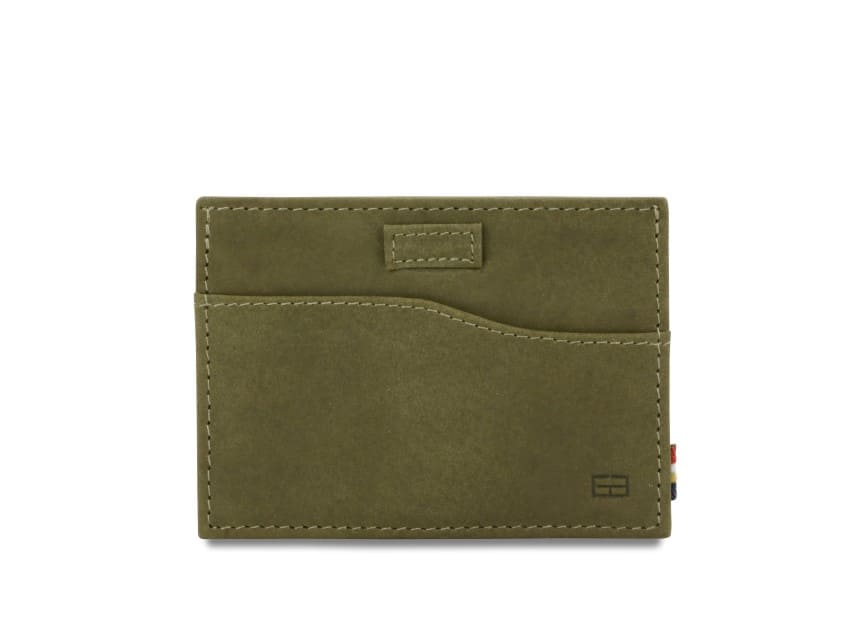 Front view of Leggera Card Holder Vintage in Olive Green with a pull tab.