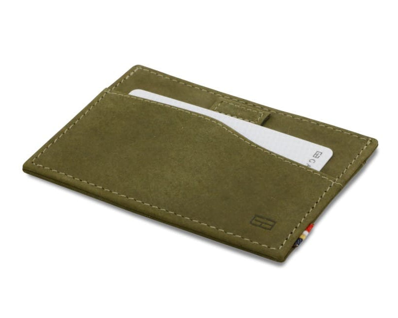 Back view of Leggera Card Holder Vintage in Olive Green with cards inside.