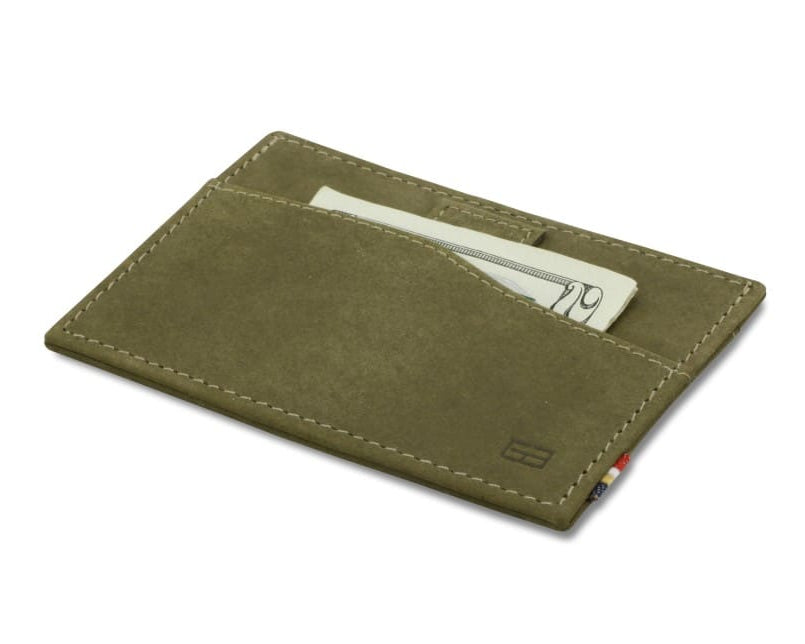 Front view of Leggera Card Holder Vintage in Olive Green with a pull tab with money.