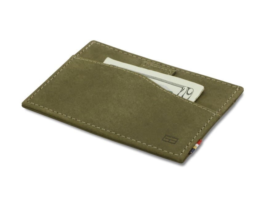 Front view of Leggera Card Holder Vintage in Olive Green with a pull tab with money.