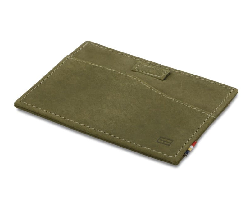 Back view of Leggera Card Holder Vintage in Olive Green with a pull tab.