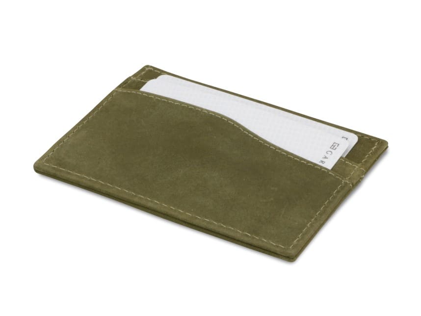 Front view of Leggera Card Holder Vintage in Olive Green with a pull tab with a card.