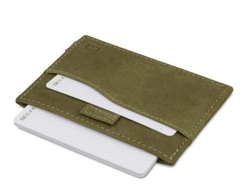 Open Leggera Card Holder Vintage in Olive Green with cards pulling out.