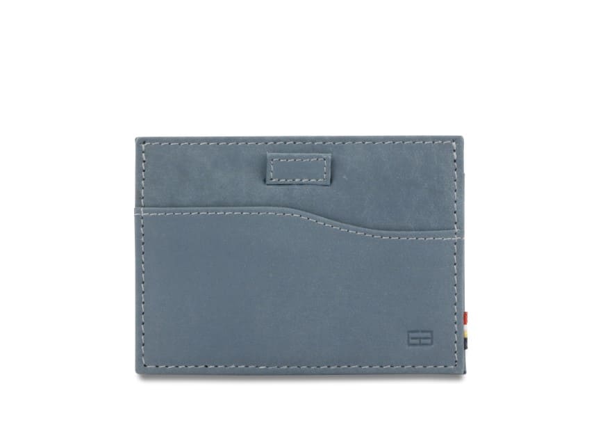 Front view of Leggera Card Holder Vintage in Sapphire Blue with a pull tab.