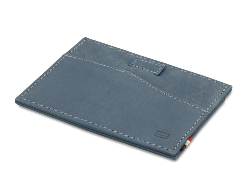 Back view of Leggera Card Holder Vintage in Sapphire Blue with a pull tab.