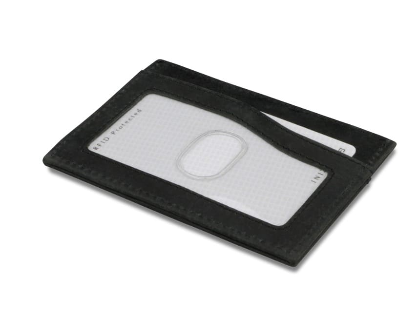 Back view of Leggera Card Holder ID Window Brushed in Brushed Black with cards inside the ID window.