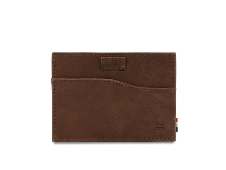 Front view of Leggera Card Holder ID Window Brushed in Brushed Brown with a pull tab.