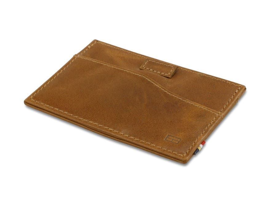 Front view of Leggera Card Holder ID Window Brushed in Brushed Cognac with a pull tab.