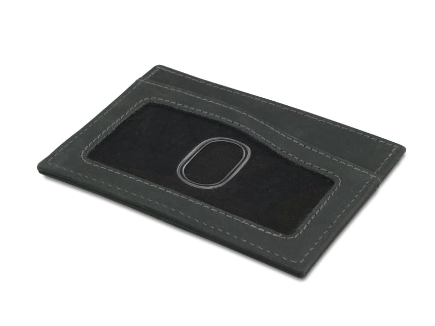 Back view of Leggera Card Holder ID Window Vintage in Carbon Black with an ID window.