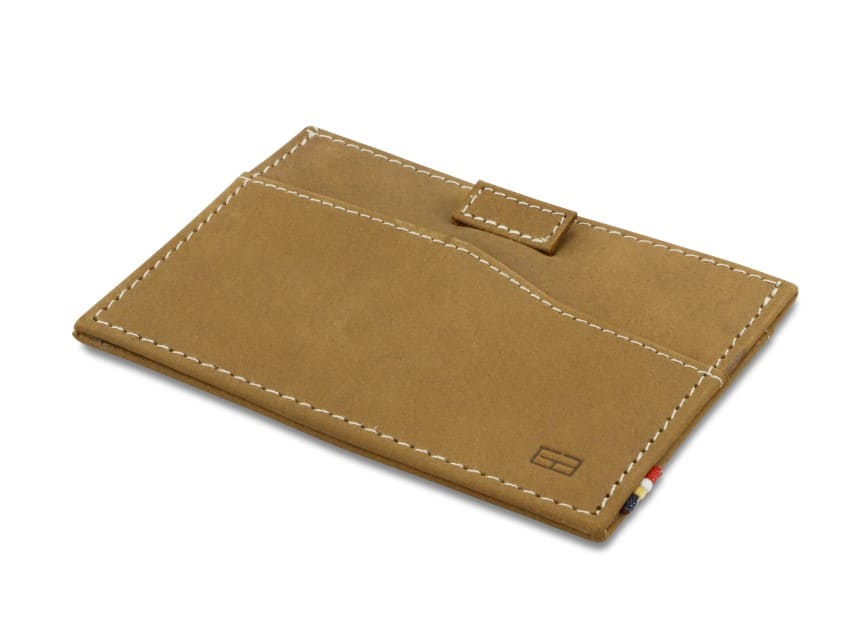 Front view of Leggera Card Holder ID Window Vintage in Camel Brown with a pull tab.