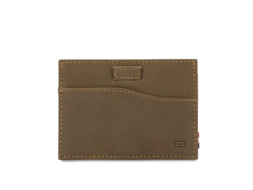 Front view of Leggera Card Holder ID Window Vintage in Java Brown with pull tab.