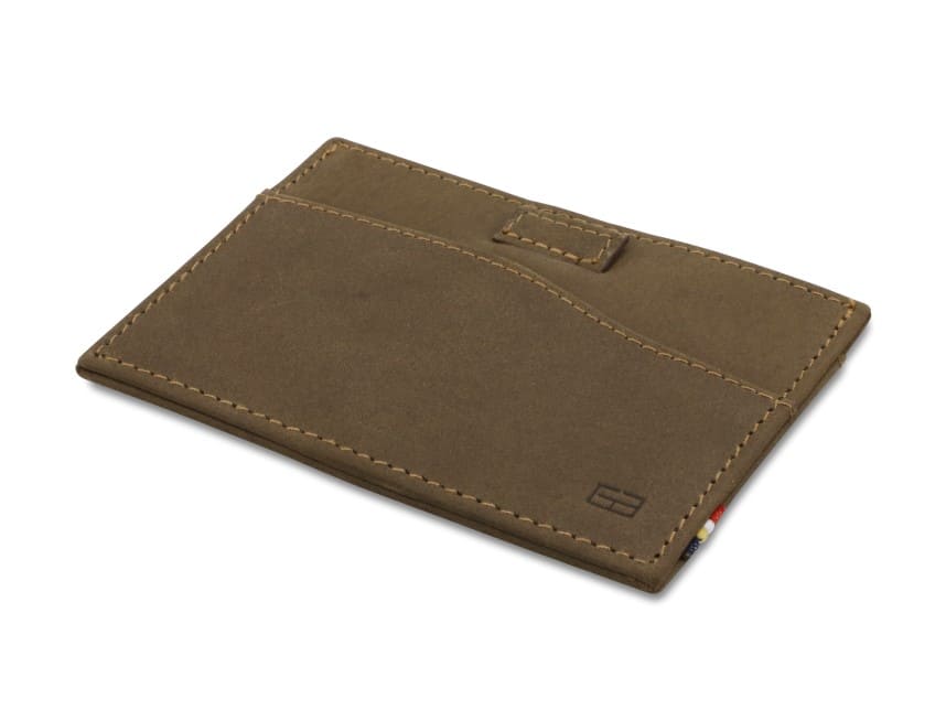 Front view of Leggera Card Holder ID Window Vintage in Java Brown with a pull tab.