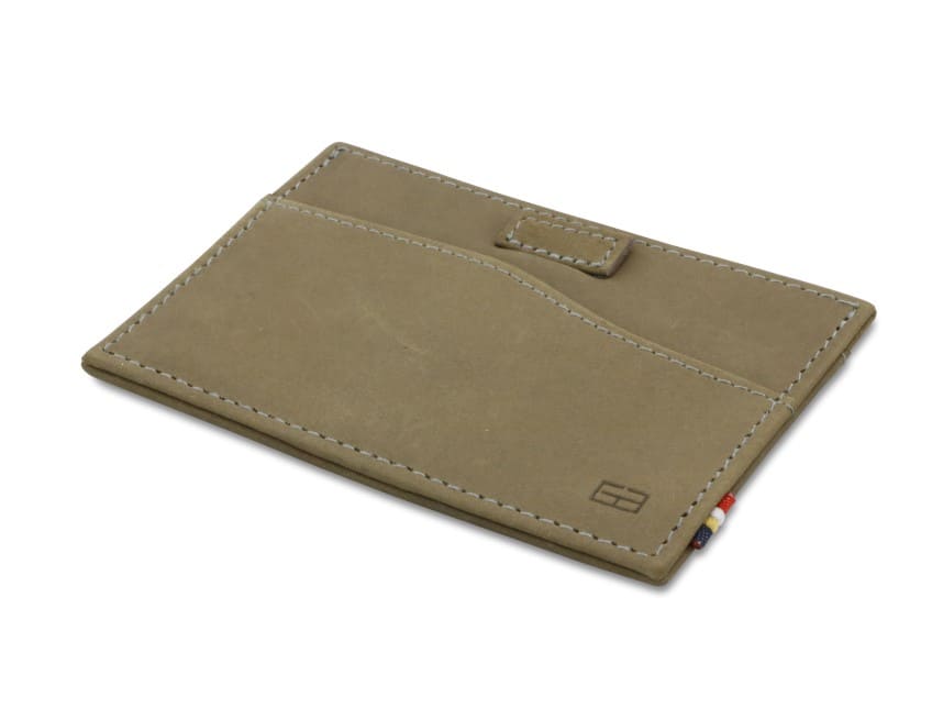 Front view of Leggera Card Holder ID Window Vintage in Metal Grey with a pull tab.