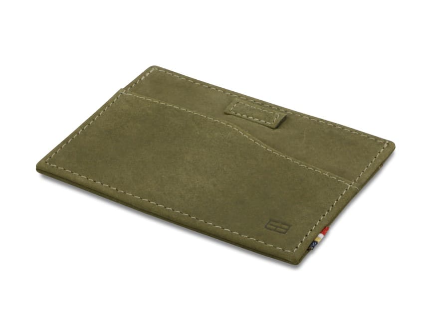 Front view of Leggera Card Holder ID Window Vintage in Olive Green with a pull tab.