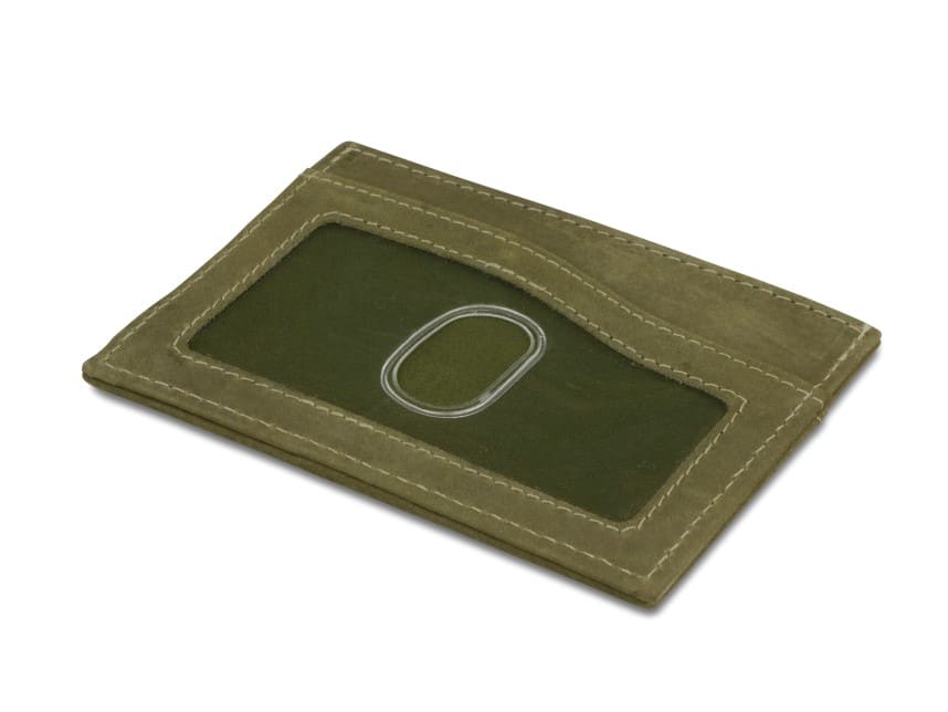 Back view of Leggera Card Holder ID Window Vintage in Olive Green with an ID window.