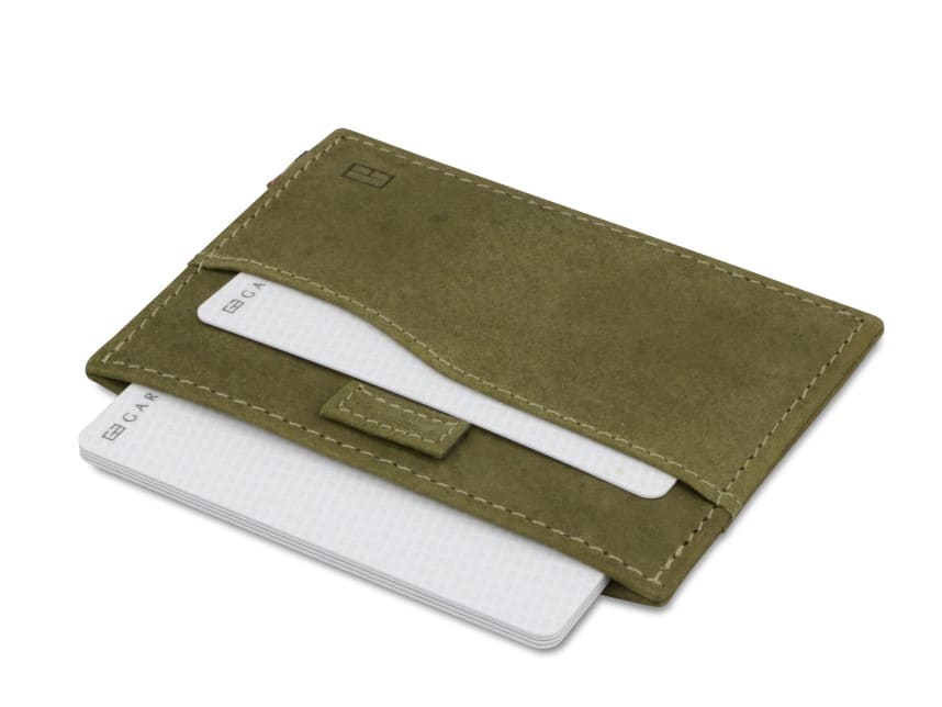 Open Leggera Card Holder ID Window Vintage in Olive Green with cards pulling out.